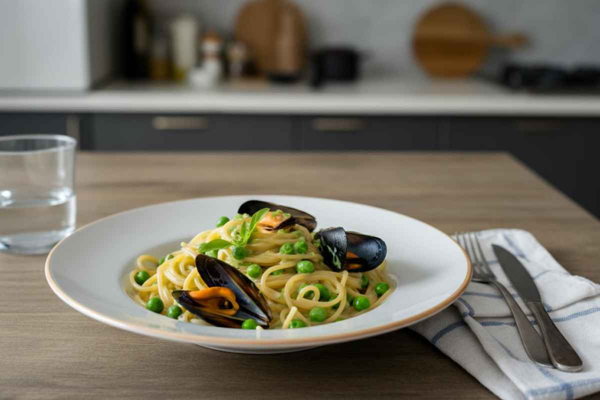come fare gli spaghetti con crema di piselli e cozze