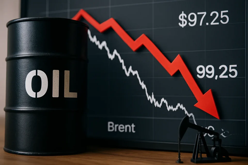 Petrolio in ribasso: Brent -3,06% a 97,25 dollari, Wti cede il 2,66%