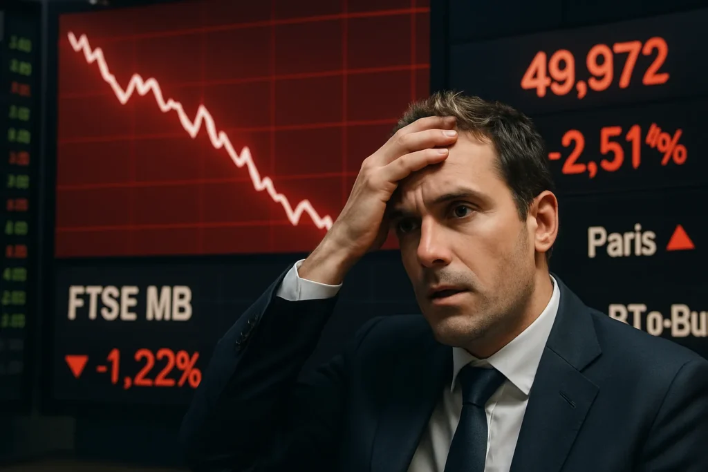 Borsa italiana crolla sotto i 50.000 punti: Milano -2,51%, spread oltre 117 basis point