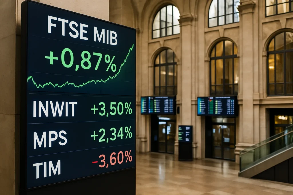 Borsa Milano: Ftse Mib +0,87%, Inwit e Mps in rialzo, Tim crolla