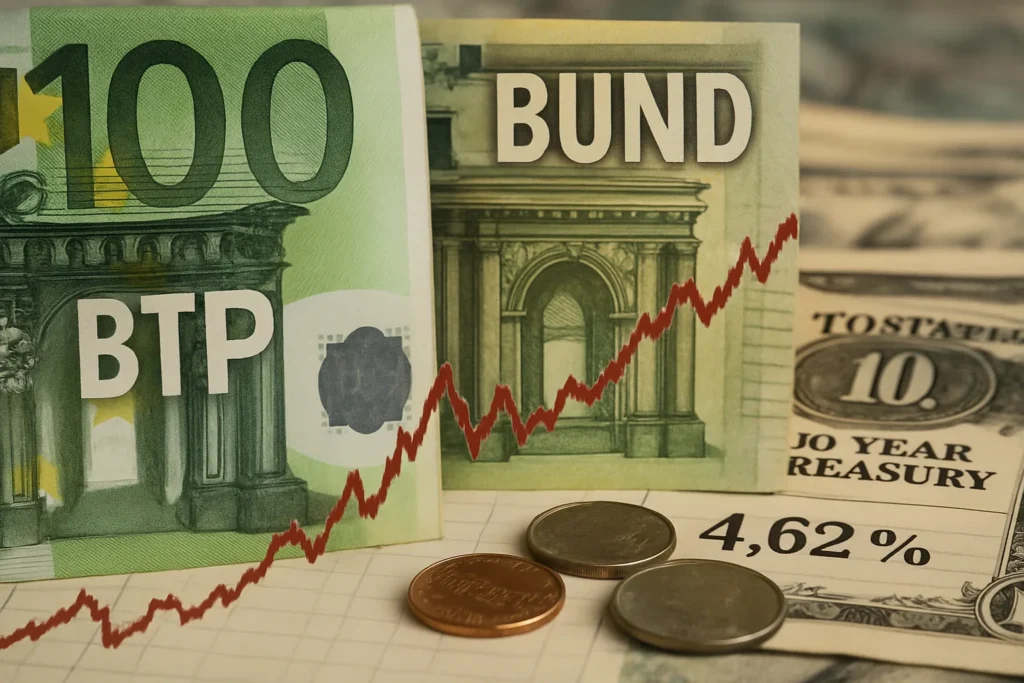 Spread Btp-Bund a 115,2 punti: il debito italiano sotto pressione mentre i Treasury Usa toccano i massimi dal 2002