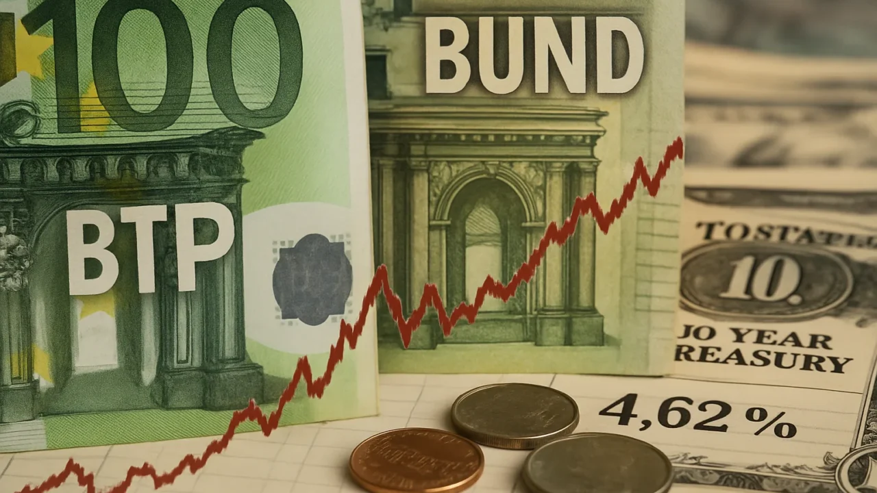 Spread Btp-Bund a 115,2 punti: il debito italiano sotto pressione mentre i Treasury Usa toccano i massimi dal 2002