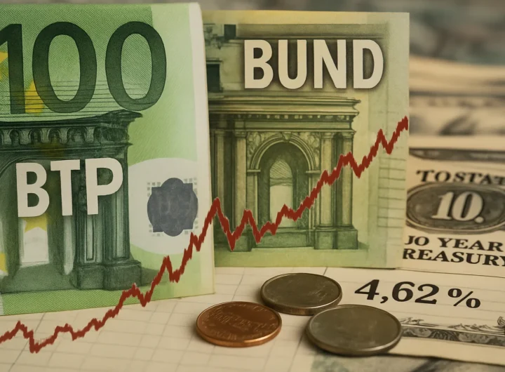 Spread Btp-Bund a 115,2 punti: il debito italiano sotto pressione mentre i Treasury Usa toccano i massimi dal 2002