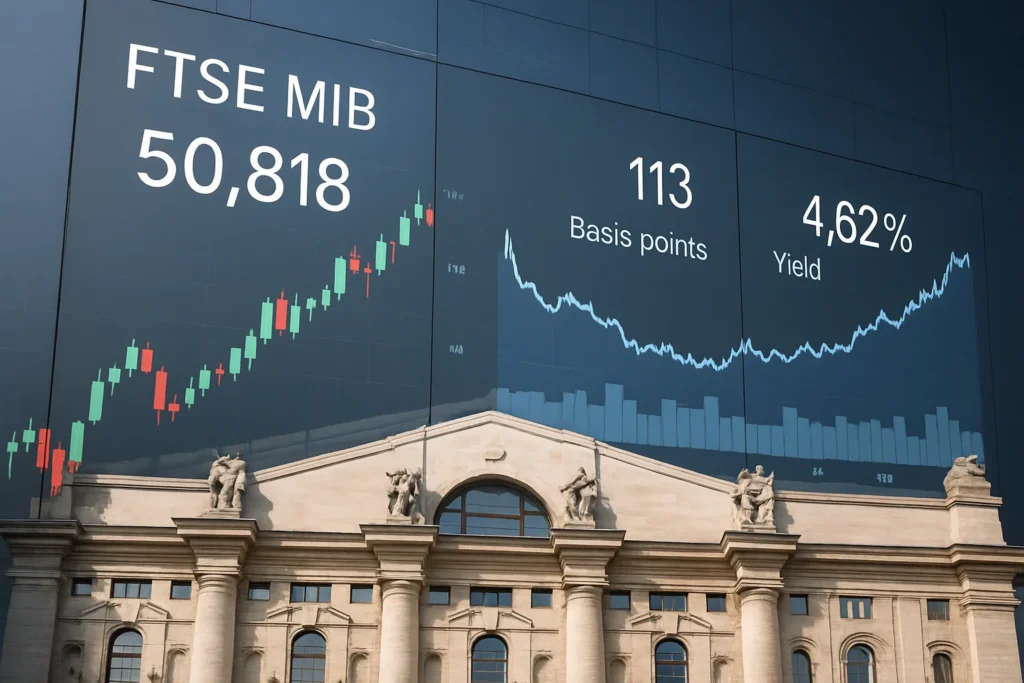 Borsa Milano chiude in rialzo: Ftse Mib +0,66%, spread Btp-Bund a 104 punti